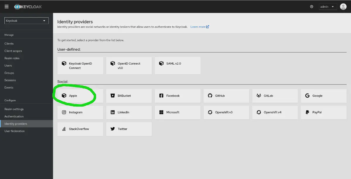 A Keycloak Admin console showing the availability of the apple provider highlighted